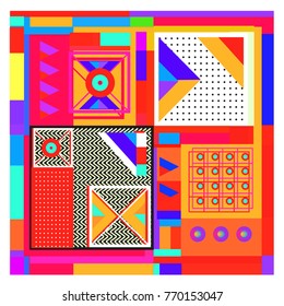 Trendy geometric elements memphis colorful and glowing design. Retro 90’s style texture, pattern and elements. Modern abstract background design and cover template.