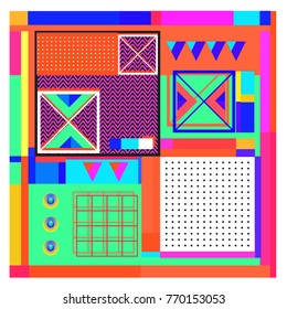 Trendy geometric elements memphis colorful and glowing design. Retro 90’s style texture, pattern and elements. Modern abstract background design and cover template.