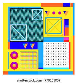 Trendy geometric elements memphis colorful and glowing design. Retro 90’s style texture, pattern and elements. Modern abstract background design and cover template.