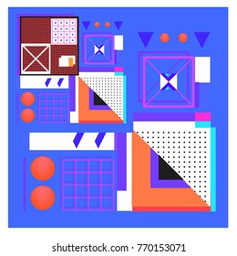 Trendy geometric elements memphis colorful and glowing design. Retro 90’s style texture, pattern and elements. Modern abstract background design and cover template.
