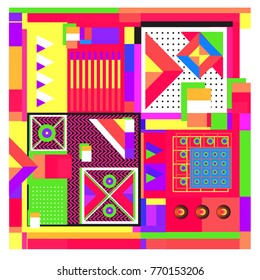 Trendy geometric elements memphis colorful and glowing design. Retro 90’s style texture, pattern and elements. Modern abstract background design and cover template.