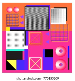 Trendy geometric elements memphis colorful and glowing design. Retro 90’s style texture, pattern and elements. Modern abstract background design and cover template.