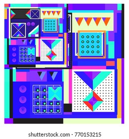 Trendy geometric elements memphis colorful and glowing design. Retro 90’s style texture, pattern and elements. Modern abstract background design and cover template.