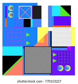Trendy geometric elements memphis colorful and glowing design. Retro 90’s style texture, pattern and elements. Modern abstract background design and cover template.