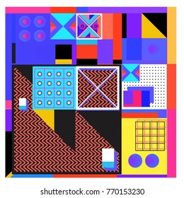 Trendy geometric elements memphis colorful and glowing design. Retro 90’s style texture, pattern and elements. Modern abstract background design and cover template.