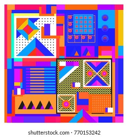 Trendy geometric elements memphis colorful and glowing design. Retro 90’s style texture, pattern and elements. Modern abstract background design and cover template.