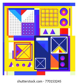 Trendy geometric elements memphis colorful and glowing design. Retro 90’s style texture, pattern and elements. Modern abstract background design and cover template.