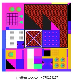 Trendy geometric elements memphis colorful and glowing design. Retro 90’s style texture, pattern and elements. Modern abstract background design and cover template.