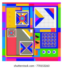 Trendy geometric elements memphis colorful and glowing design. Retro 90’s style texture, pattern and elements. Modern abstract background design and cover template.