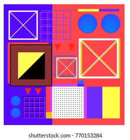 Trendy geometric elements memphis colorful and glowing design. Retro 90’s style texture, pattern and elements. Modern abstract background design and cover template.