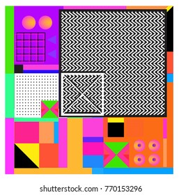 Trendy geometric elements memphis colorful and glowing design. Retro 90’s style texture, pattern and elements. Modern abstract background design and cover template.
