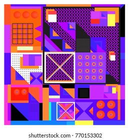 Trendy geometric elements memphis colorful and glowing design. Retro 90’s style texture, pattern and elements. Modern abstract background design and cover template.