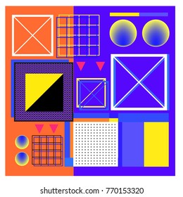 Trendy geometric elements memphis colorful and glowing design. Retro 90’s style texture, pattern and elements. Modern abstract background design and cover template.