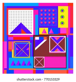 Trendy geometric elements memphis colorful and glowing design. Retro 90’s style texture, pattern and elements. Modern abstract background design and cover template.