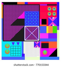 Trendy geometric elements memphis colorful and glowing design. Retro 90’s style texture, pattern and elements. Modern abstract background design and cover template.