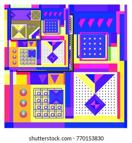 Trendy geometric elements memphis colorful and glowing design. Retro 90’s style texture, pattern and elements. Modern abstract background design and cover template.