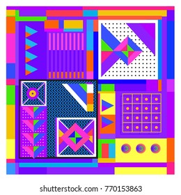 Trendy geometric elements memphis colorful and glowing design. Retro 90’s style texture, pattern and elements. Modern abstract background design and cover template.