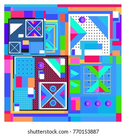 Trendy geometric elements memphis colorful and glowing design. Retro 90’s style texture, pattern and elements. Modern abstract background design and cover template.