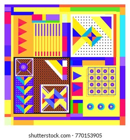 Trendy geometric elements memphis colorful and glowing design. Retro 90’s style texture, pattern and elements. Modern abstract background design and cover template.