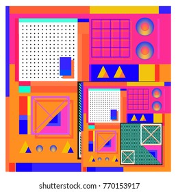Trendy geometric elements memphis colorful and glowing design. Retro 90’s style texture, pattern and elements. Modern abstract background design and cover template.