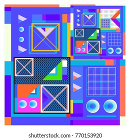 Trendy geometric elements memphis colorful and glowing design. Retro 90’s style texture, pattern and elements. Modern abstract background design and cover template.
