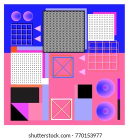 Trendy geometric elements memphis colorful and glowing design. Retro 90’s style texture, pattern and elements. Modern abstract background design and cover template.