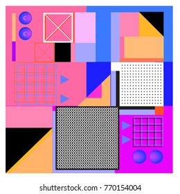 Trendy geometric elements memphis colorful and glowing design. Retro 90’s style texture, pattern and elements. Modern abstract background design and cover template.