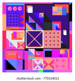Trendy geometric elements memphis colorful and glowing design. Retro 90’s style texture, pattern and elements. Modern abstract background design and cover template.