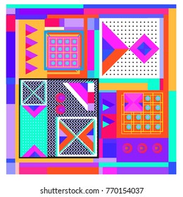 Trendy geometric elements memphis colorful and glowing design. Retro 90’s style texture, pattern and elements. Modern abstract background design and cover template.