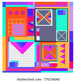 Trendy geometric elements memphis colorful and glowing design. Retro 90’s style texture, pattern and elements. Modern abstract background design and cover template.