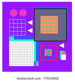 Trendy geometric elements memphis colorful and glowing design. Retro 90’s style texture, pattern and elements. Modern abstract background design and cover template.