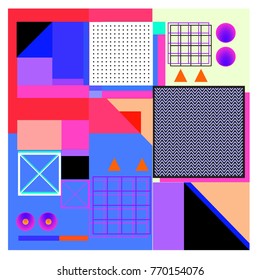 Trendy geometric elements memphis colorful and glowing design. Retro 90’s style texture, pattern and elements. Modern abstract background design and cover template.