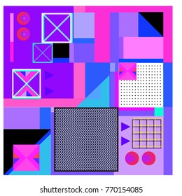 Trendy geometric elements memphis colorful and glowing design. Retro 90’s style texture, pattern and elements. Modern abstract background design and cover template.