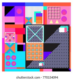 Trendy geometric elements memphis colorful and glowing design. Retro 90’s style texture, pattern and elements. Modern abstract background design and cover template.