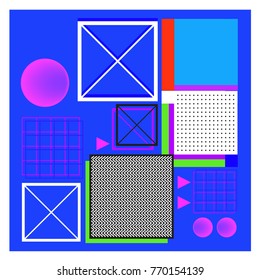 Trendy geometric elements memphis colorful and glowing design. Retro 90’s style texture, pattern and elements. Modern abstract background design and cover template.