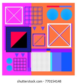 Trendy geometric elements memphis colorful and glowing design. Retro 90’s style texture, pattern and elements. Modern abstract background design and cover template.