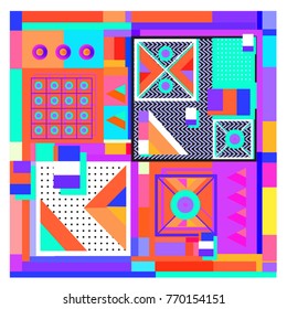 Trendy geometric elements memphis colorful and glowing design. Retro 90’s style texture, pattern and elements. Modern abstract background design and cover template.