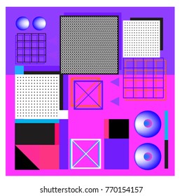 Trendy geometric elements memphis colorful and glowing design. Retro 90’s style texture, pattern and elements. Modern abstract background design and cover template.