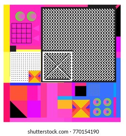 Trendy geometric elements memphis colorful and glowing design. Retro 90’s style texture, pattern and elements. Modern abstract background design and cover template.