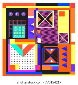 Trendy geometric elements memphis colorful and glowing design. Retro 90’s style texture, pattern and elements. Modern abstract background design and cover template.