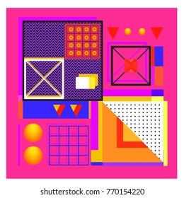 Trendy geometric elements memphis colorful and glowing design. Retro 90’s style texture, pattern and elements. Modern abstract background design and cover template.