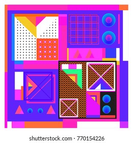 Trendy geometric elements memphis colorful and glowing design. Retro 90’s style texture, pattern and elements. Modern abstract background design and cover template.