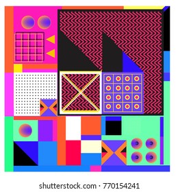 Trendy geometric elements memphis colorful and glowing design. Retro 90’s style texture, pattern and elements. Modern abstract background design and cover template.