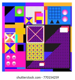 Trendy geometric elements memphis colorful and glowing design. Retro 90’s style texture, pattern and elements. Modern abstract background design and cover template.