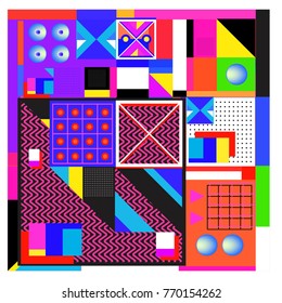Trendy geometric elements memphis colorful and glowing design. Retro 90’s style texture, pattern and elements. Modern abstract background design and cover template.