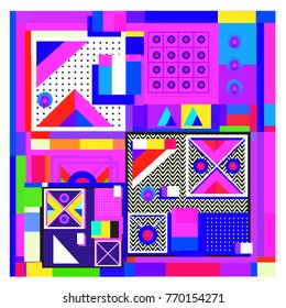 Trendy geometric elements memphis colorful and glowing design. Retro 90’s style texture, pattern and elements. Modern abstract background design and cover template.