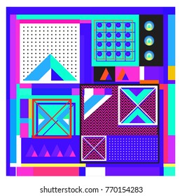 Trendy geometric elements memphis colorful and glowing design. Retro 90’s style texture, pattern and elements. Modern abstract background design and cover template.