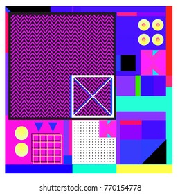 Trendy geometric elements memphis colorful and glowing design. Retro 90’s style texture, pattern and elements. Modern abstract background design and cover template.