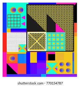 Trendy geometric elements memphis colorful and glowing design. Retro 90’s style texture, pattern and elements. Modern abstract background design and cover template.