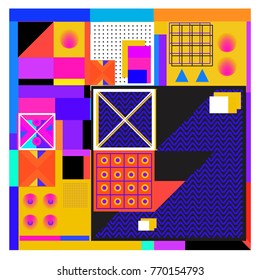 Trendy geometric elements memphis colorful and glowing design. Retro 90’s style texture, pattern and elements. Modern abstract background design and cover template.